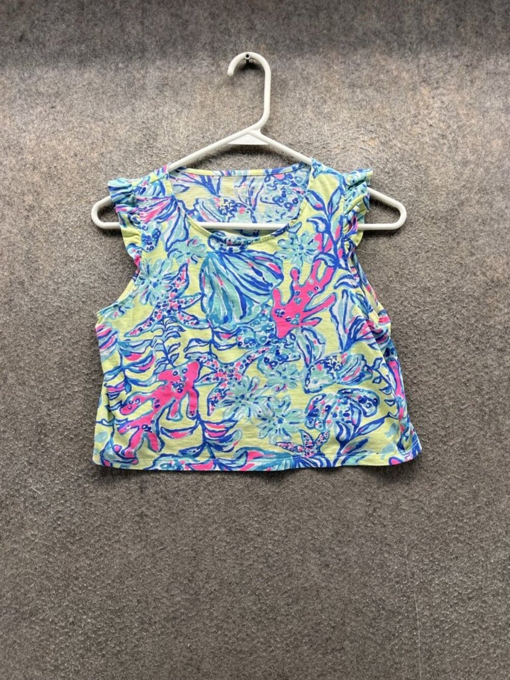 Lilly Pulitzer Shirt Girls 8 Blue Floral Sleeveless Cropped Ruffle Tropical